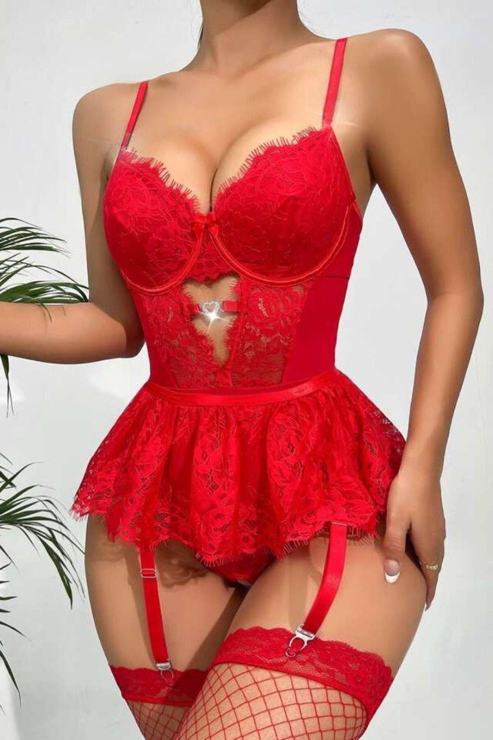 Perinti - Kırmızı Dantelli Etekli Babydoll Takım